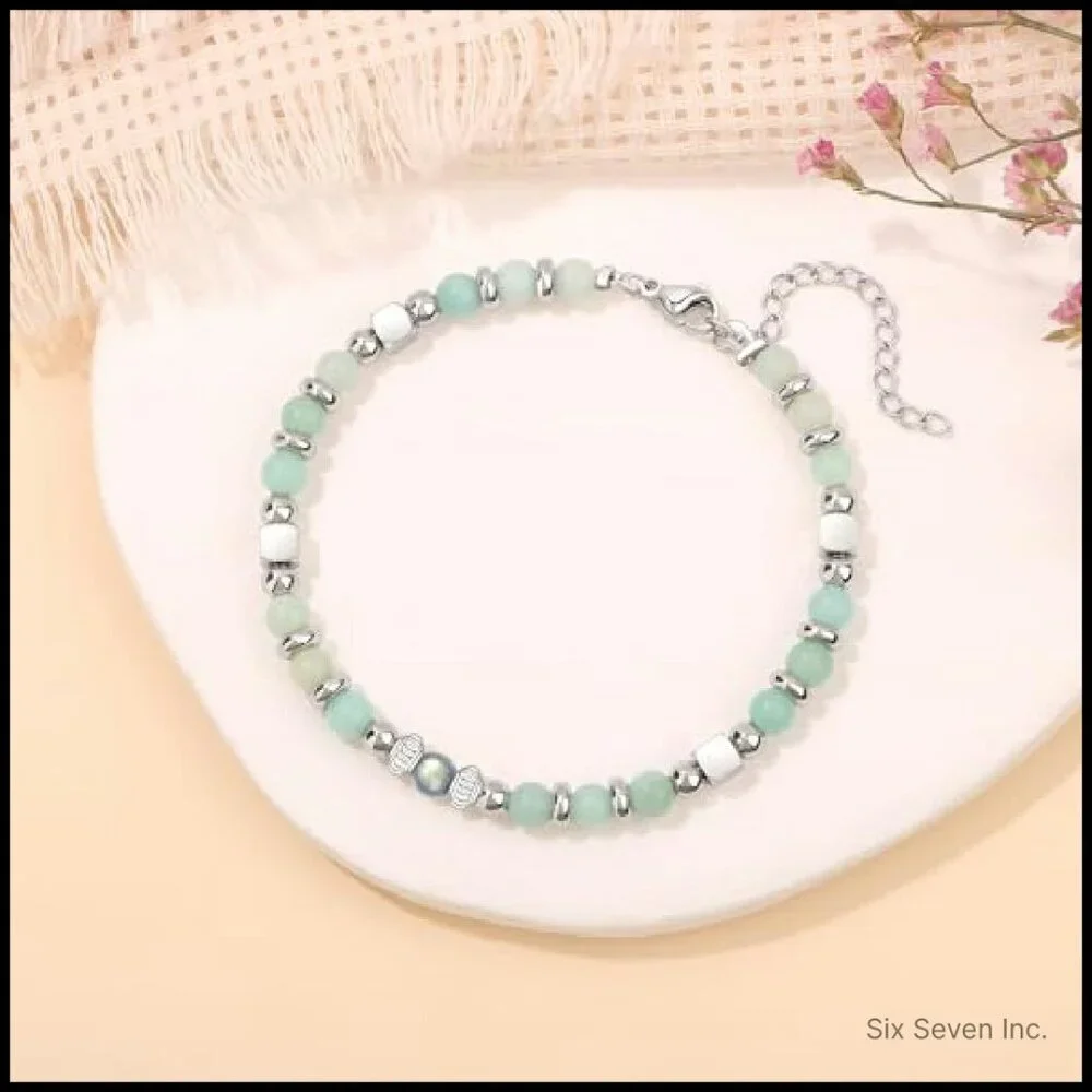 Moonstone Amazonite Stainless Steel Bead Bracelet Adjustable Chic Minimal